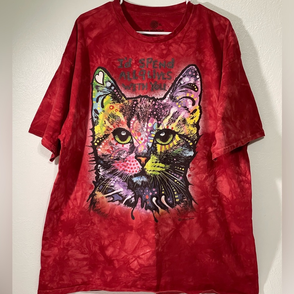 The Mountain cat shirt “I’d Spend All 9 Lives With You” red tie dye tee shirt